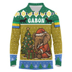 Gabon Christmas Long Sleeve Polo Shirt Pixel Art Elephant Santa Christmas Tree and Flag - African Pride