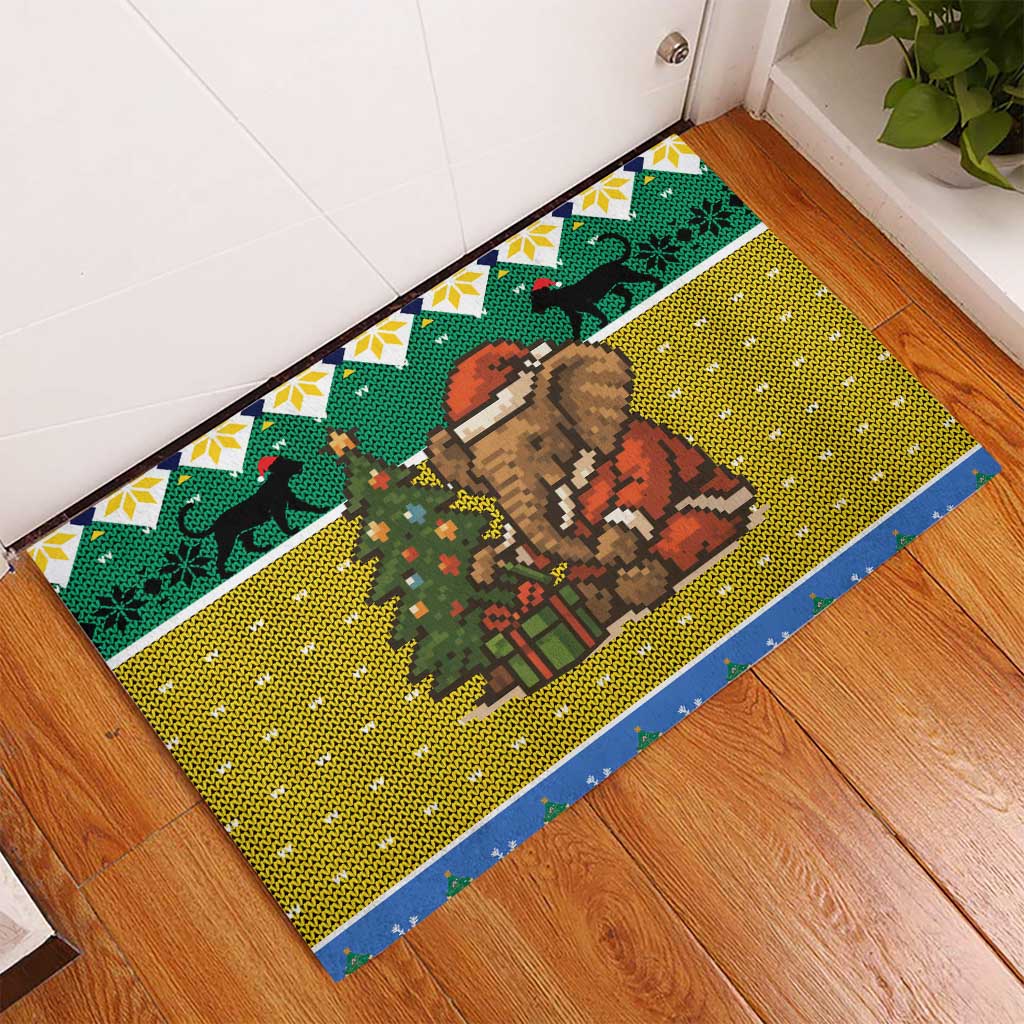Gabon Christmas Rubber Doormat Pixel Art Elephant Santa Christmas Tree and Flag - African Pride