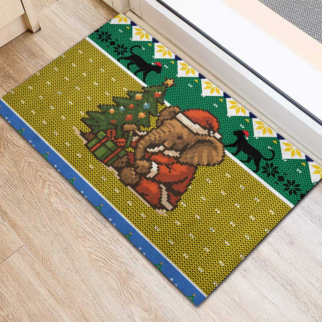 Gabon Christmas Rubber Doormat Pixel Art Elephant Santa Christmas Tree and Flag - African Pride