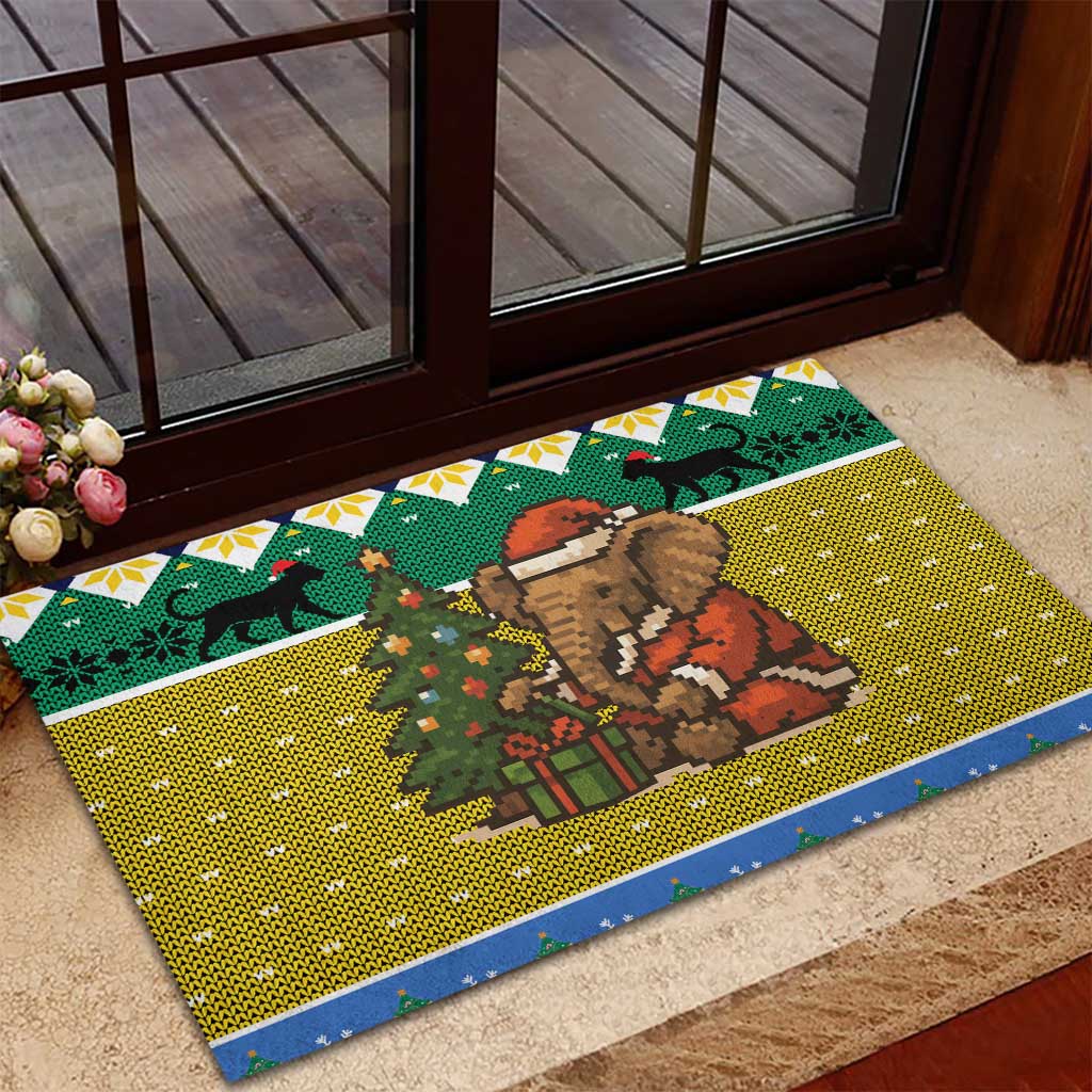 Gabon Christmas Rubber Doormat Pixel Art Elephant Santa Christmas Tree and Flag - African Pride