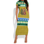 Gabon Christmas Short Sleeve Bodycon Dress Pixel Art Elephant Santa Christmas Tree and Flag - African Pride