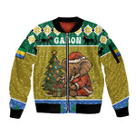 Gabon Christmas Sleeve Zip Bomber Jacket Pixel Art Elephant Santa Christmas Tree and Flag - African Pride