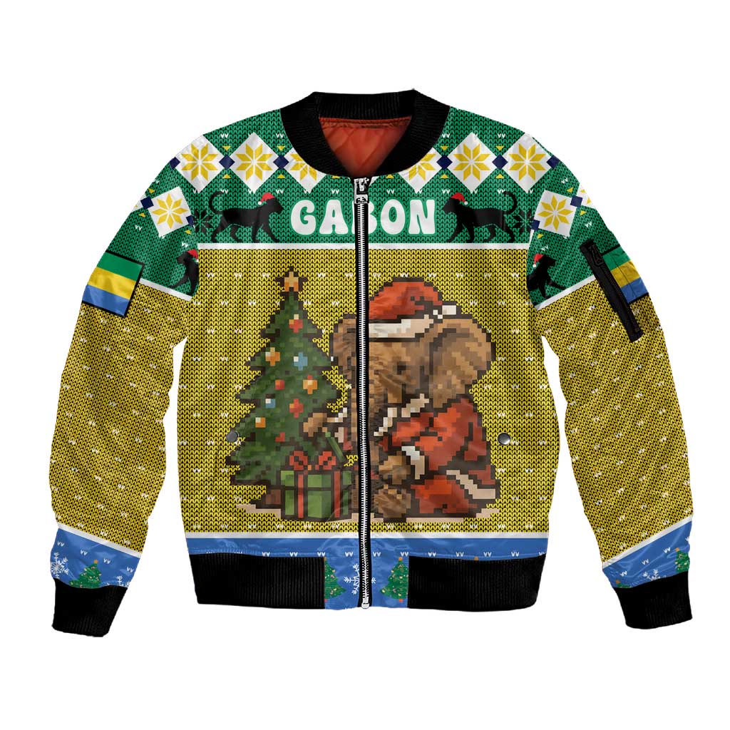 Gabon Christmas Sleeve Zip Bomber Jacket Pixel Art Elephant Santa Christmas Tree and Flag - African Pride