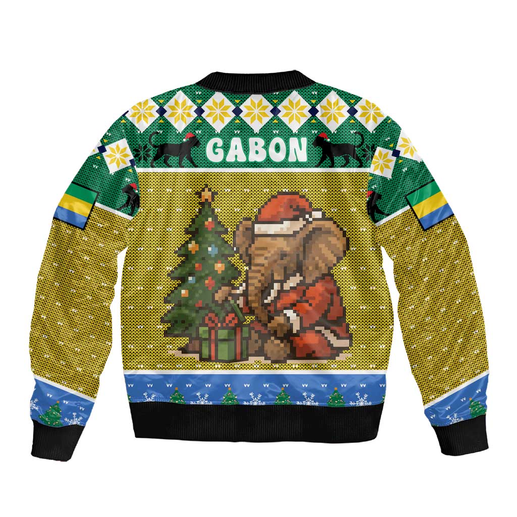 Gabon Christmas Sleeve Zip Bomber Jacket Pixel Art Elephant Santa Christmas Tree and Flag - African Pride
