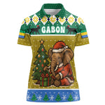 Gabon Christmas Women Polo Shirt Pixel Art Elephant Santa Christmas Tree and Flag - African Pride