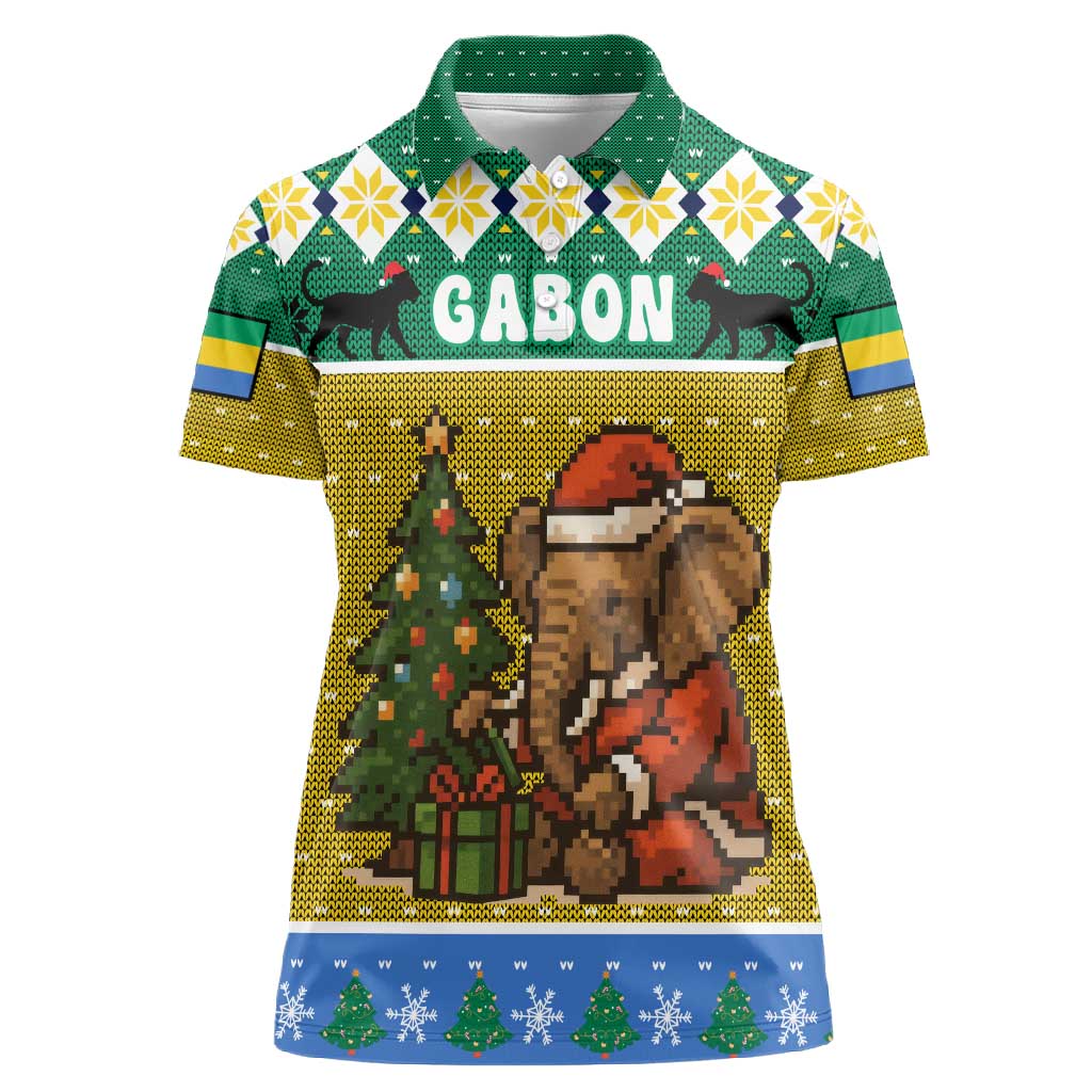 Gabon Christmas Women Polo Shirt Pixel Art Elephant Santa Christmas Tree and Flag - African Pride