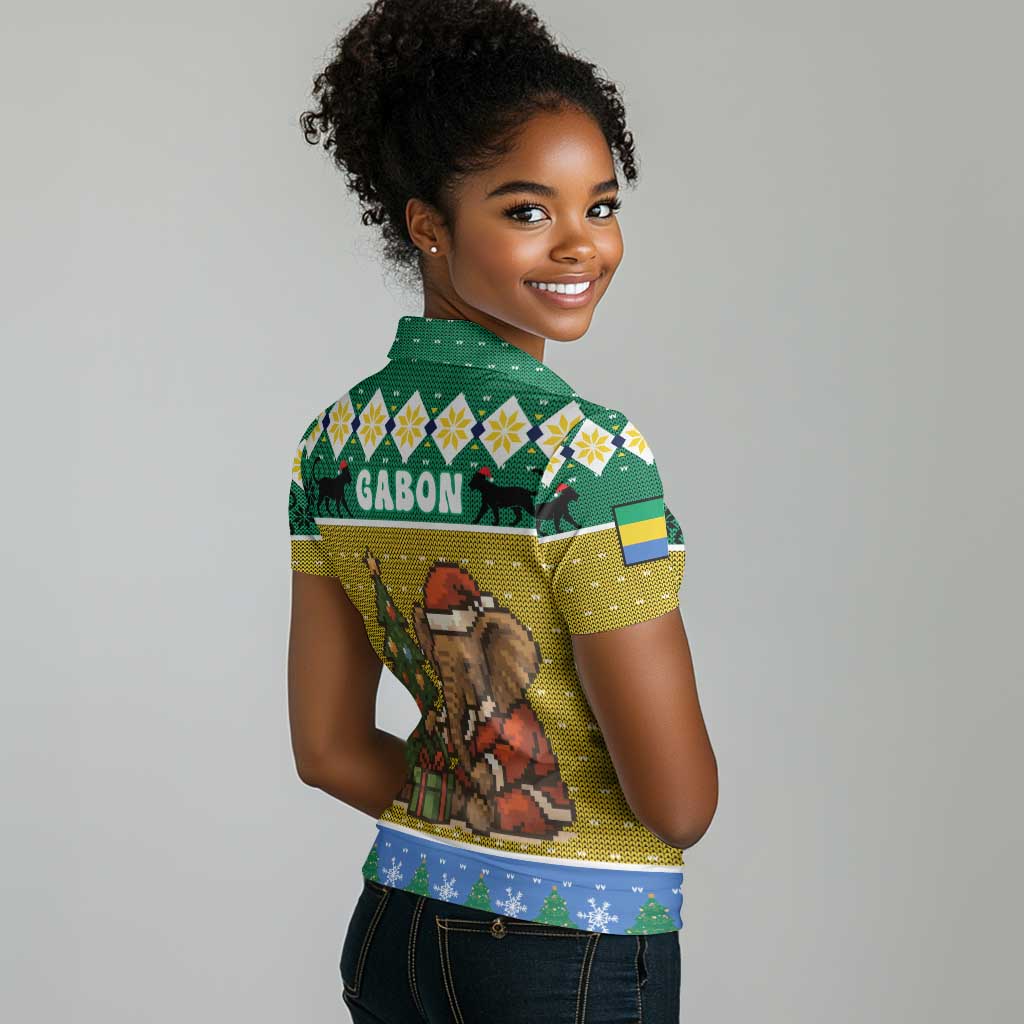 Gabon Christmas Women Polo Shirt Pixel Art Elephant Santa Christmas Tree and Flag - African Pride