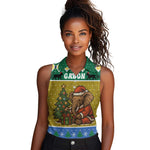 Gabon Christmas Women Sleeveless Polo Shirt Pixel Art Elephant Santa Christmas Tree and Flag - African Pride