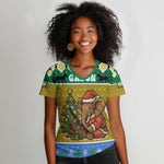 Gabon Christmas Women V-Neck T-Shirt Pixel Art Elephant Santa Christmas Tree and Flag - African Pride