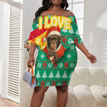 Guinea Christmas Off Shoulder Short Dress Santa Chimpanzee Heart Hands and Snowflake - African Pride