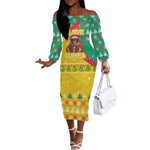 Guinea Christmas Off The Shoulder Long Sleeve Dress Santa Chimpanzee Heart Hands and Snowflake - African Pride