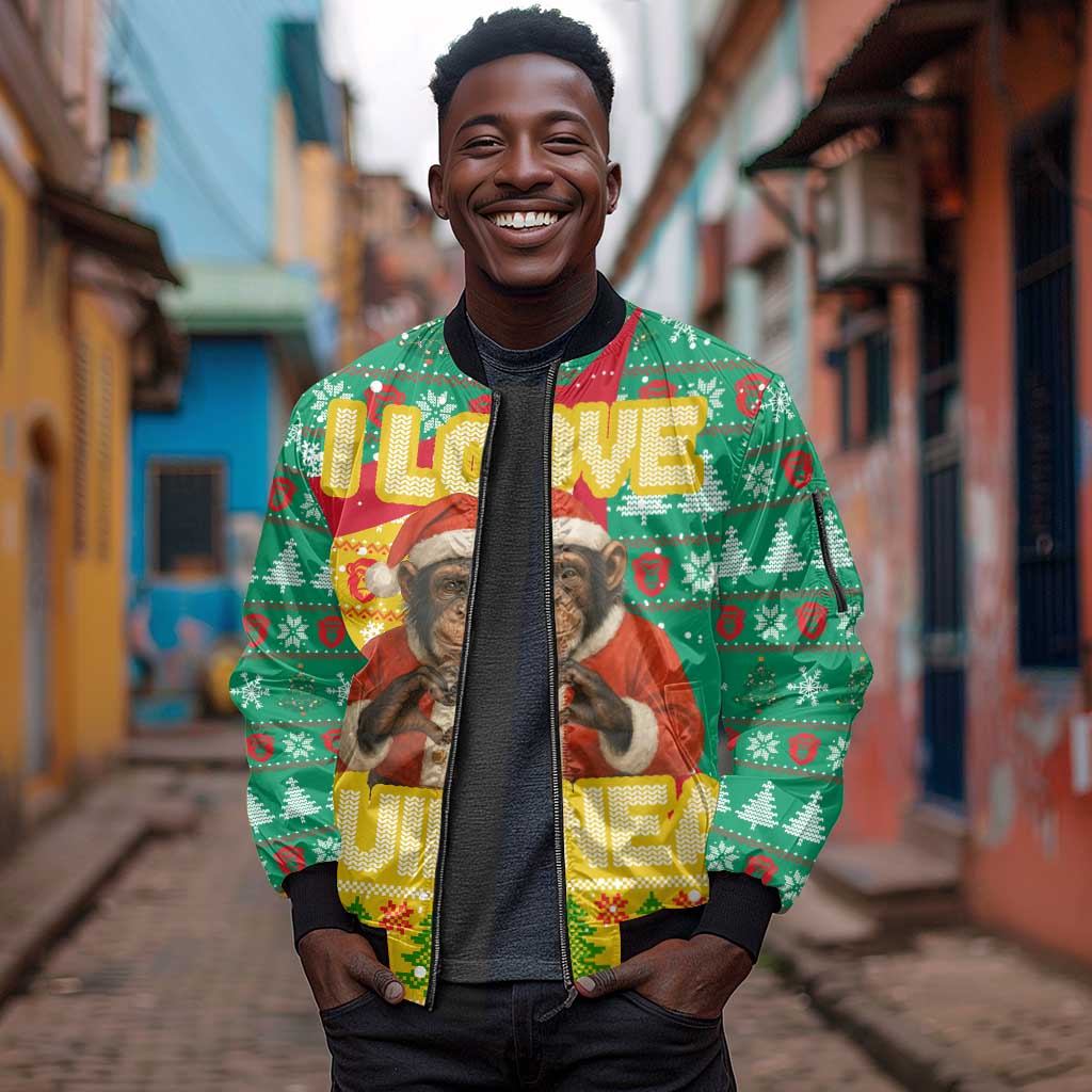 Guinea Christmas Sleeve Zip Bomber Jacket Santa Chimpanzee Heart Hands and Snowflake - African Pride