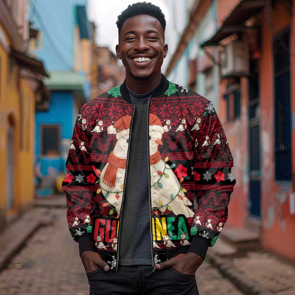 Guinea Christmas Sleeve Zip Bomber Jacket Festive Dove String Lights and Red Black Holiday - African Pride