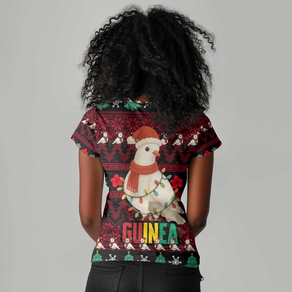 Guinea Christmas Women V-Neck T-Shirt Festive Dove String Lights and Red Black Holiday - African Pride