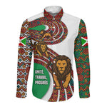 Burundi Lion Tribal Pattern Long Sleeve Button Shirt - National Motto Unité Travail Progrès