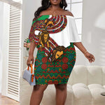 Burundi Lion Tribal Pattern Off Shoulder Short Dress - National Motto Unité Travail Progrès