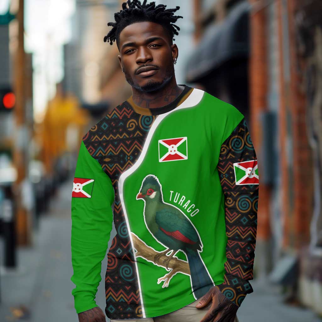 Burundi Turaco Long Sleeve Shirt with National Bird and Flag Pattern