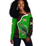 Burundi Turaco Off Shoulder Sweater with National Bird and Flag Pattern