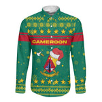 Cameroon Christmas Long Sleeve Button Shirt Coat of Arms Santa Hat and Stars Motif - African Pride