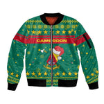 Cameroon Christmas Sleeve Zip Bomber Jacket Coat of Arms Santa Hat and Stars Motif - African Pride
