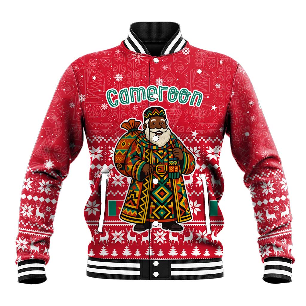 Cameroon Christmas Baseball Jacket Snowflake Pattern Traditional Santa and Map Motif - African Pride