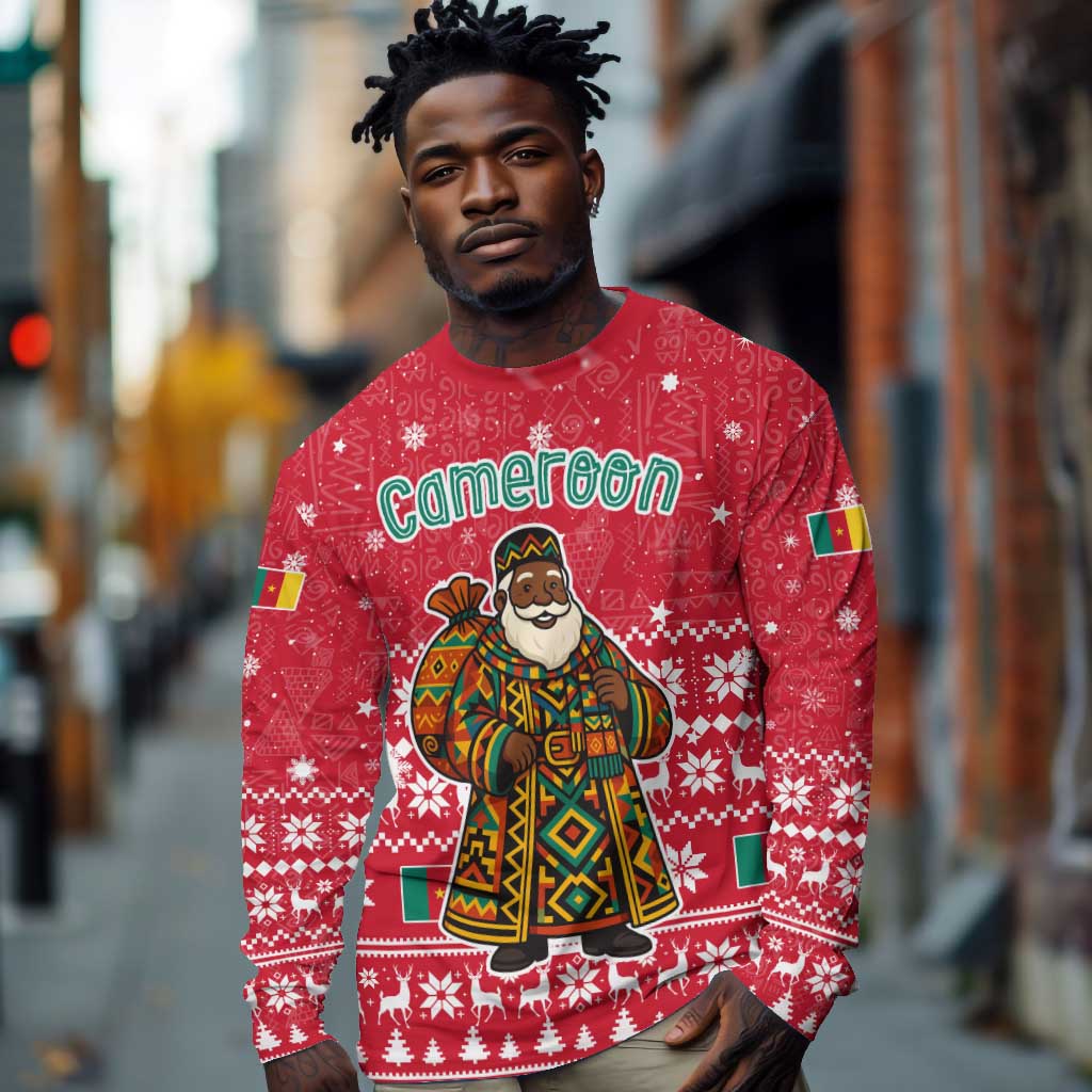 Cameroon Christmas Long Sleeve Shirt Snowflake Pattern Traditional Santa and Map Motif - African Pride