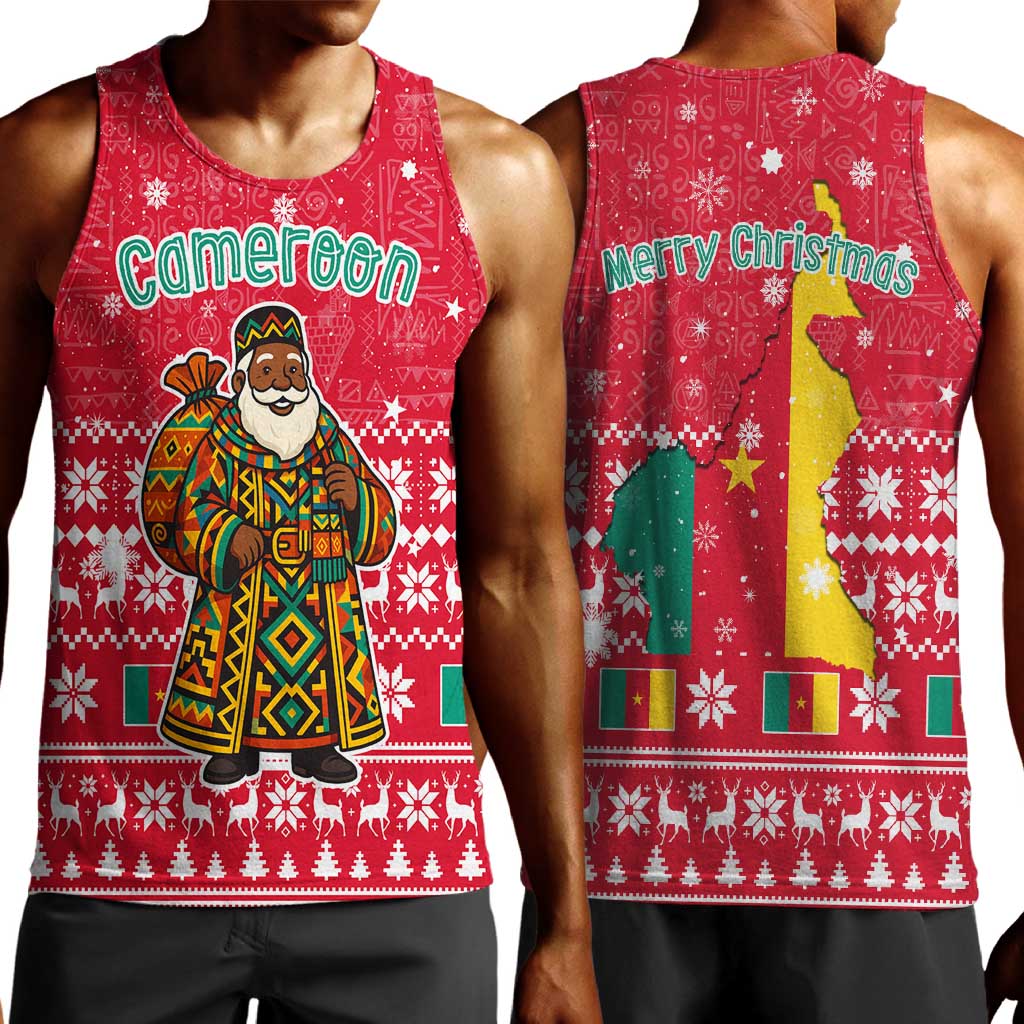 Cameroon Christmas Men Tank Top Snowflake Pattern Traditional Santa and Map Motif - African Pride
