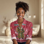 Cameroon Christmas Women Casual Shirt Snowflake Pattern Traditional Santa and Map Motif - African Pride