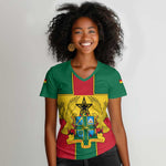 African Ghana Women V-Neck T-Shirt Flag with Coat of Arms Simple Design