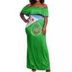Djibouti Off Shoulder Maxi Dress Flag Tribal Motifs and Red Star Symbol of Unity