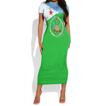 Djibouti Short Sleeve Bodycon Dress Flag Tribal Motifs and Red Star Symbol of Unity TS04