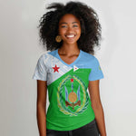 Djibouti Women V-Neck T-Shirt Flag Tribal Motifs and Red Star Symbol of Unity