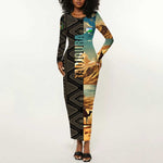 Djibouti Desert Long Sleeve Bodycon Dress Camel Riders and African Pattern TS04