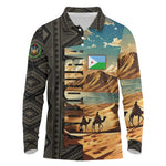 Djibouti Desert Long Sleeve Polo Shirt Camel Riders and African Pattern
