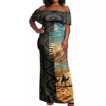 Djibouti Desert Off Shoulder Maxi Dress Camel Riders and African Pattern