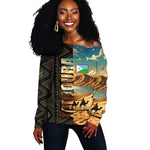 Djibouti Desert Off Shoulder Sweater Camel Riders and African Pattern