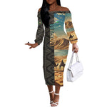 Djibouti Desert Off The Shoulder Long Sleeve Dress Camel Riders and African Pattern