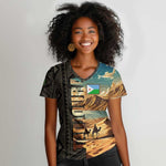 Djibouti Desert Women V-Neck T-Shirt Camel Riders and African Pattern