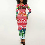 Guinea Bissau Christmas Long Sleeve Bodycon Dress Santa Sleigh Reindeer Forest and National Flag - African Pride