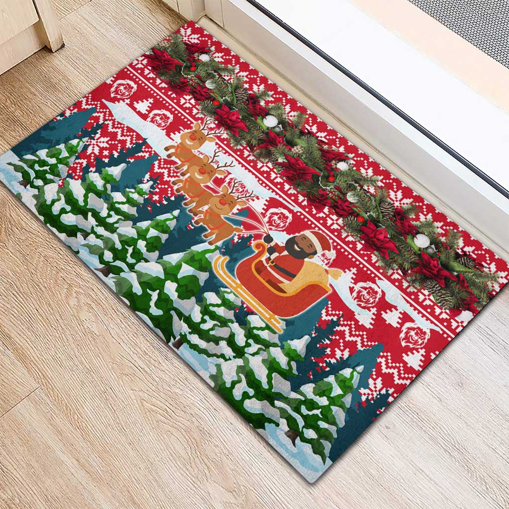 Guinea Bissau Christmas Rubber Doormat Santa Sleigh Reindeer Forest and National Flag - African Pride