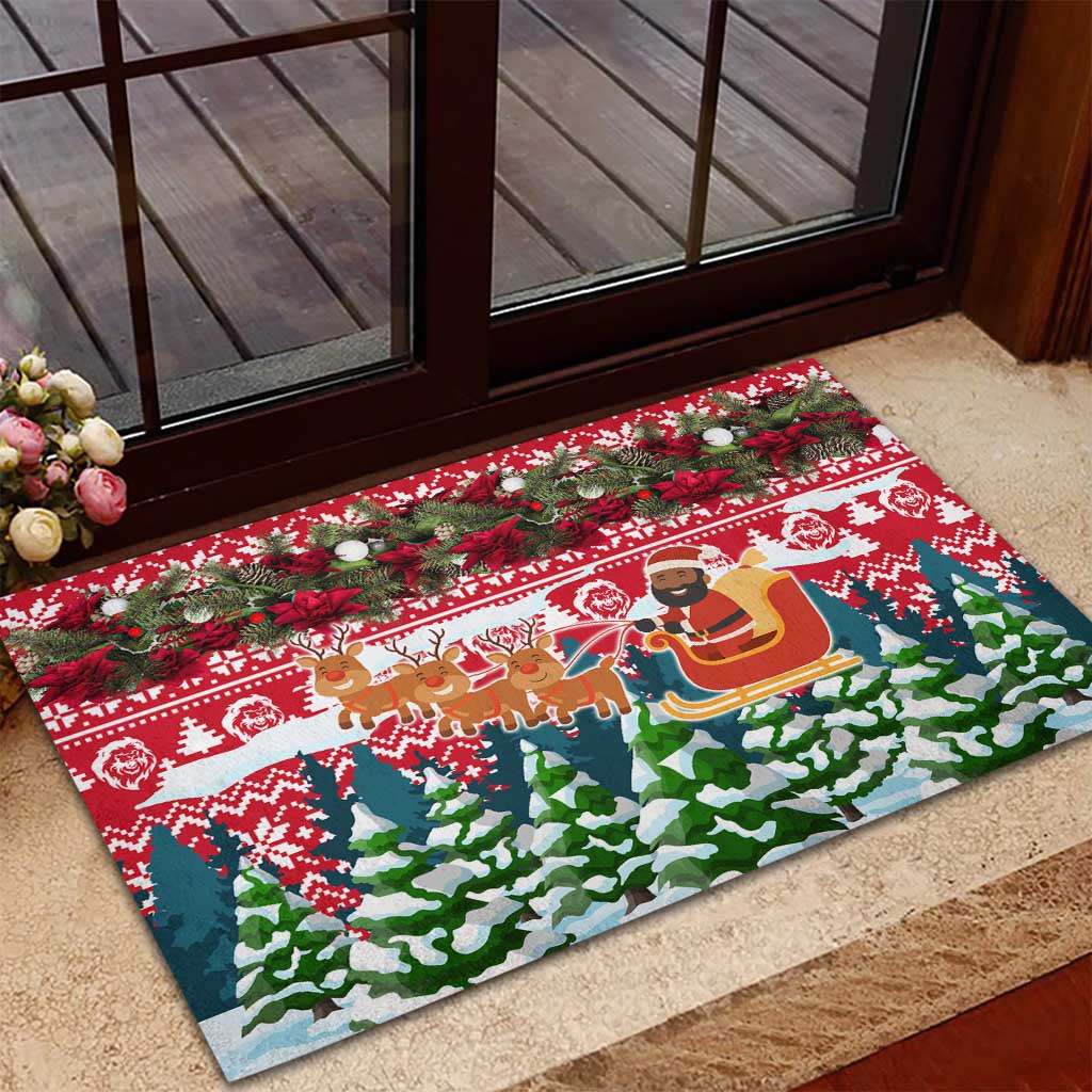 Guinea Bissau Christmas Rubber Doormat Santa Sleigh Reindeer Forest and National Flag - African Pride