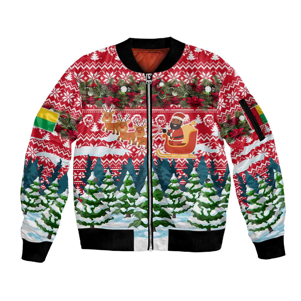 Guinea Bissau Christmas Sleeve Zip Bomber Jacket Santa Sleigh Reindeer Forest and National Flag - African Pride