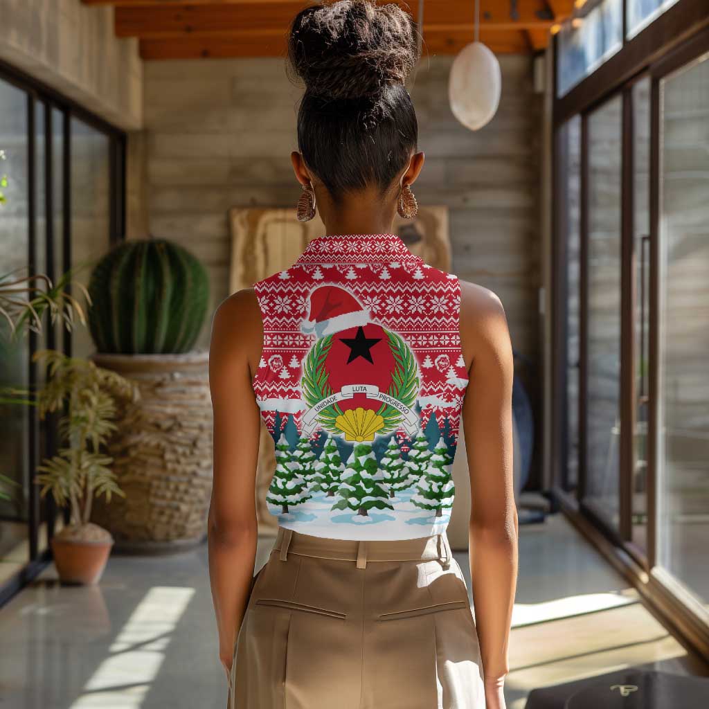 Guinea Bissau Christmas Women Sleeveless Polo Shirt Santa Sleigh Reindeer Forest and National Flag - African Pride