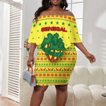 Senegal Christmas Off Shoulder Short Dress Baobab Tree and National Coat of Arms Motif - African Pride