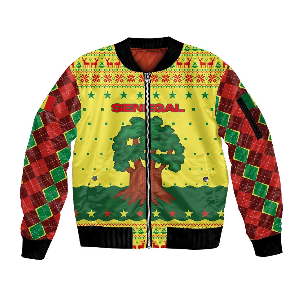 Senegal Christmas Sleeve Zip Bomber Jacket Baobab Tree and National Coat of Arms Motif - African Pride