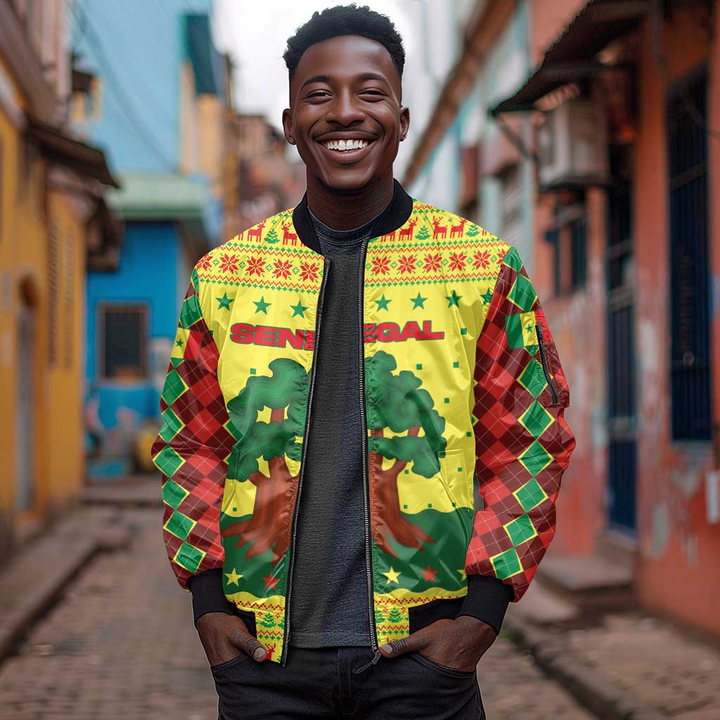 Senegal Christmas Sleeve Zip Bomber Jacket Baobab Tree and National Coat of Arms Motif - African Pride