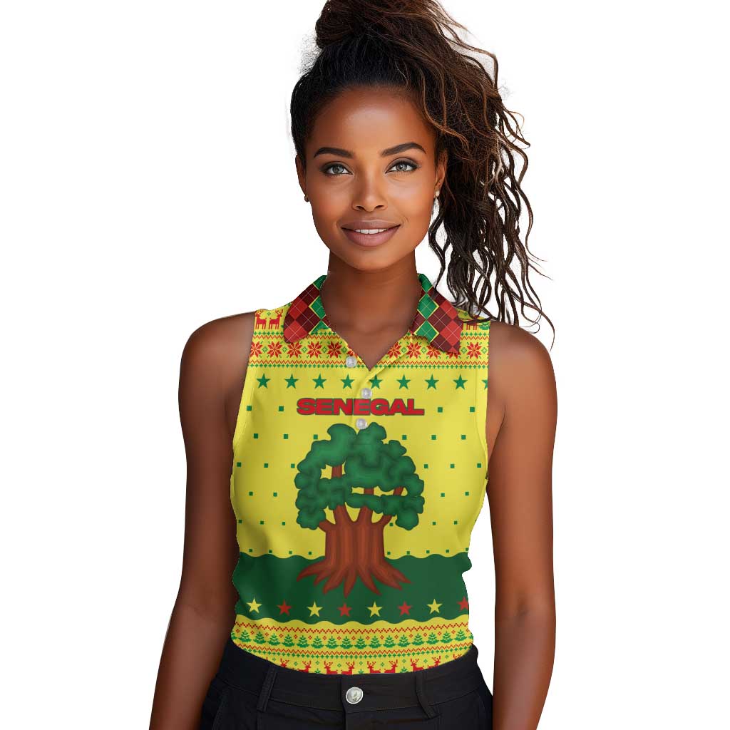 Senegal Christmas Women Sleeveless Polo Shirt Baobab Tree and National Coat of Arms Motif - African Pride