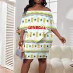 Senegal Christmas Off Shoulder Short Dress Golden Lion and Festive Stars Motif - African Pride