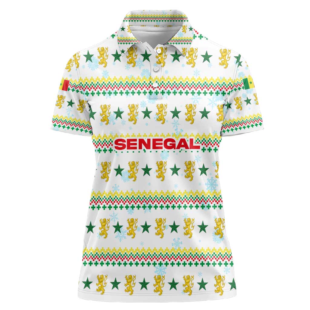 Senegal Christmas Women Polo Shirt Golden Lion and Festive Stars Motif - African Pride