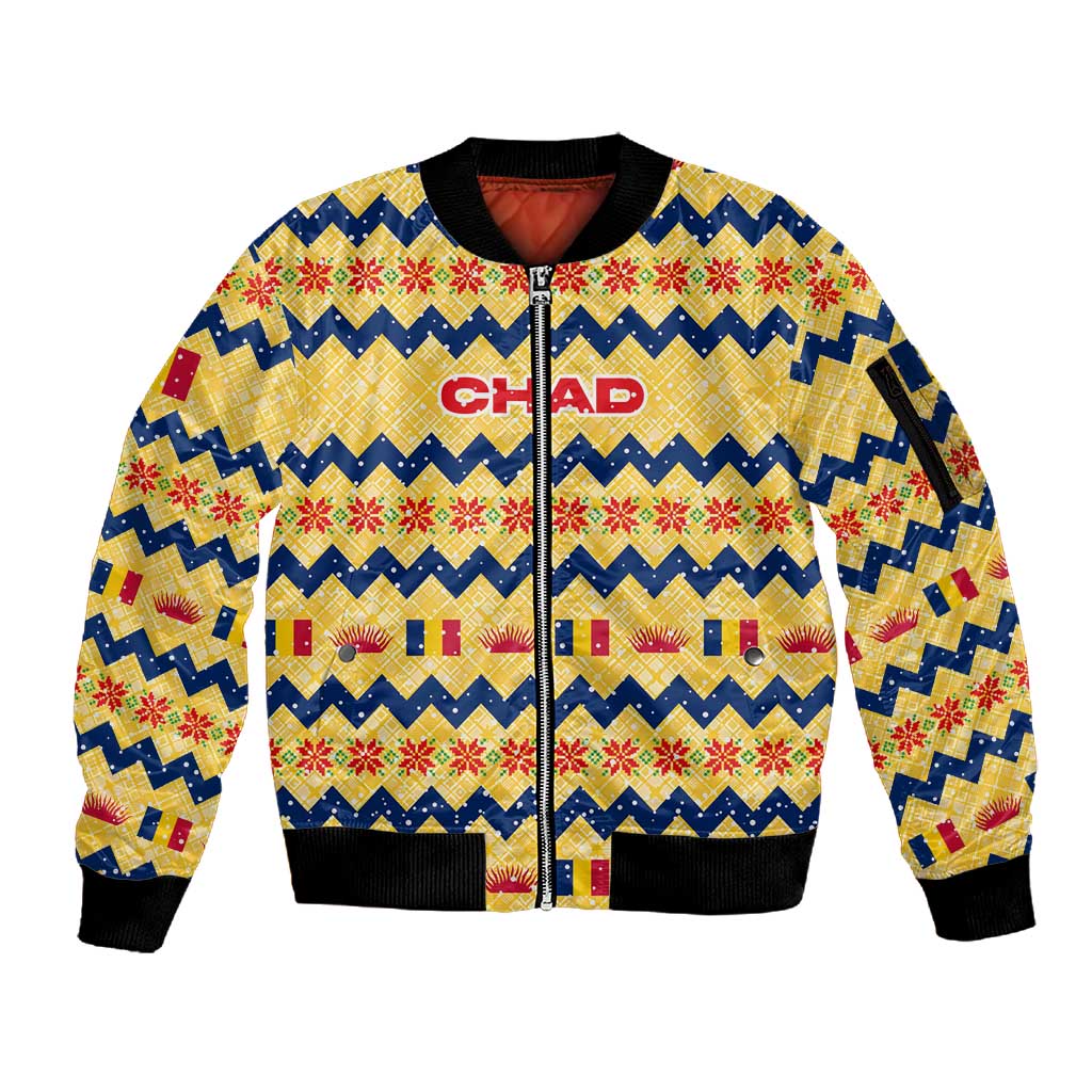 Chad Christmas Sleeve Zip Bomber Jacket National Coat of Arms, and Festive Motif - African Pride